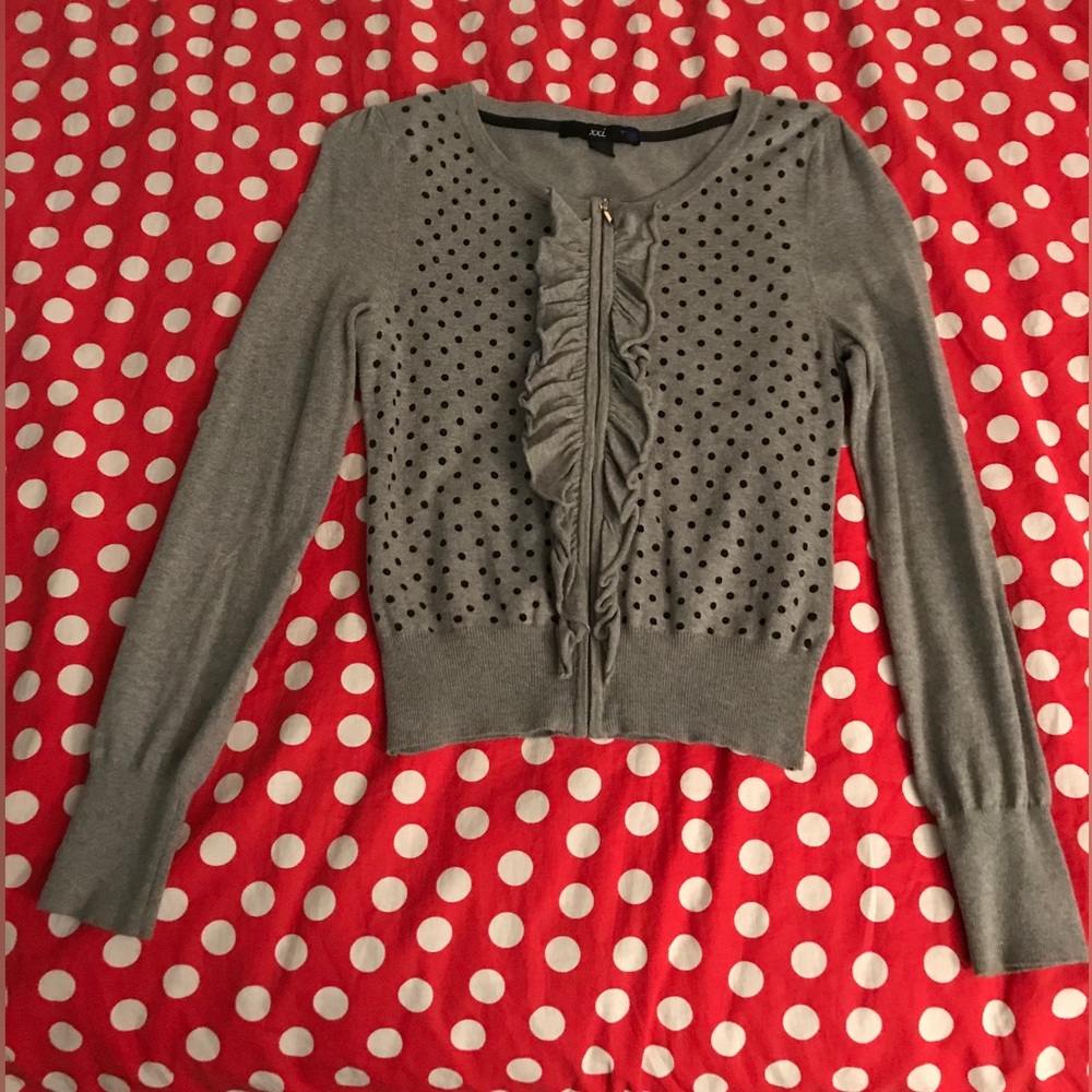 Grey polka dot ruffle cardigan